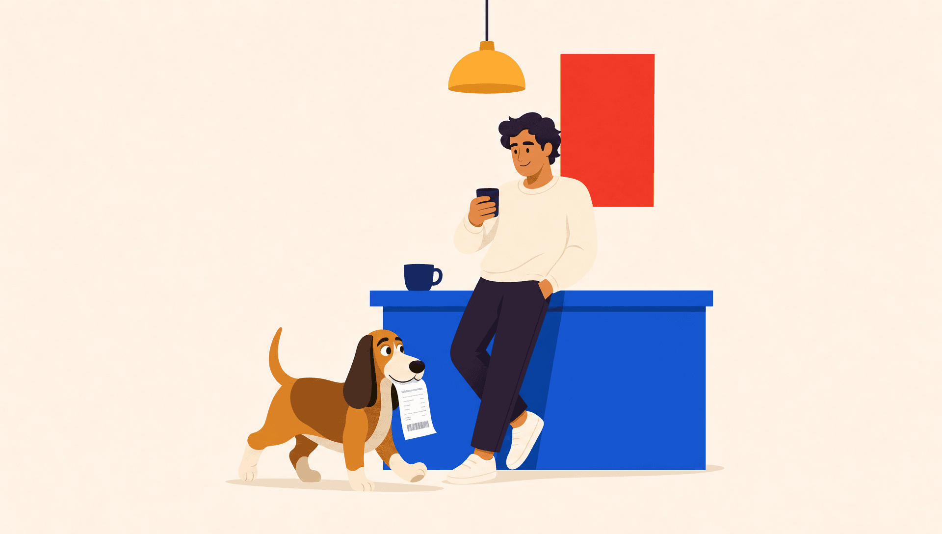 Toby returning with a shopping receipt while a shopper relaxes at a café counter